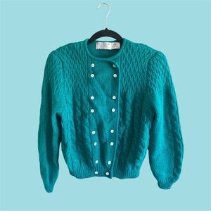 VTG 80s ROBERT SCOTT Women Green SHETLAND WOOL DOUBLE BREASTED CARDIGAN Size 40